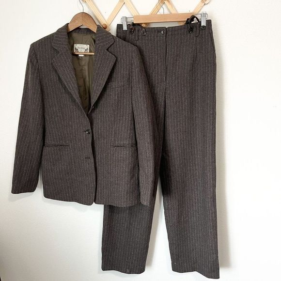 Vintage Jackets & Blazers - Vintage Korean Wool Brown Pin Stripped Pants Suit Set